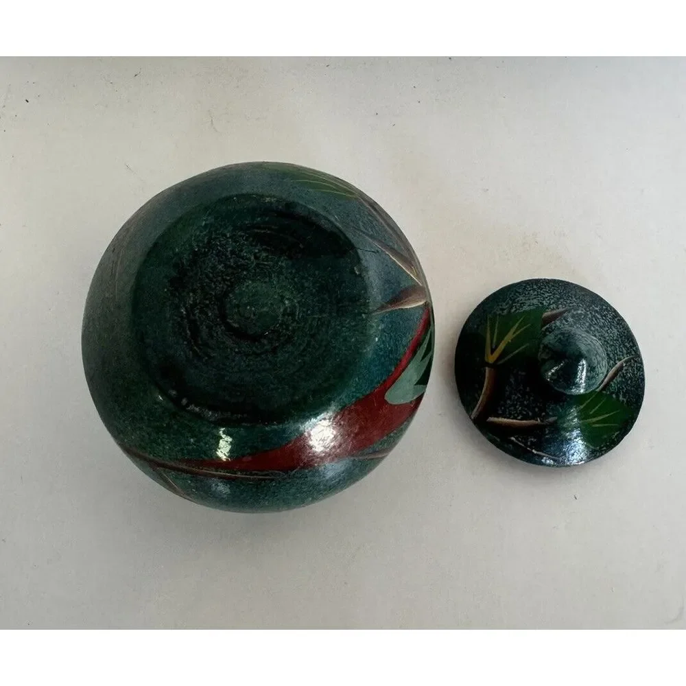 Hand Painted Wood Lacquer Bowl Jar with Lid Parrot Trinket Tropical Wooden Pot